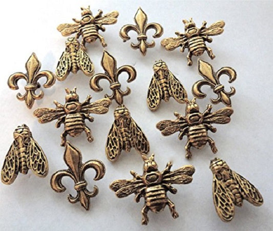 Bee Push Pins & Fleur De Lis Push Pins, Decorative Push Pins, Unique Gold Push Pins, 15 Piece Metal Push Pin Set