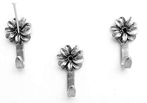 Mini Flower Hooks, Picture Hooks, Jewelry Hooks, Decorative Hooks, Set of 3, Silver Finish
