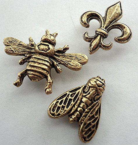 Bee Push Pins & Fleur De Lis Push Pins, Decorative Push Pins, Unique Gold Push Pins, 15 Piece Metal Push Pin Set