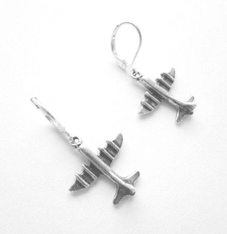 AIRPLANE DROP EARRINGS, ANTIQUE SILVER PLATED