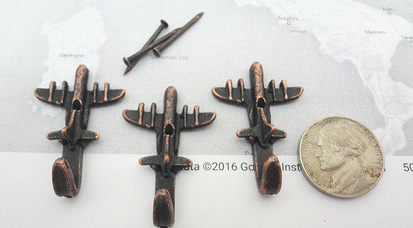 Mini Airplane Hooks, Picture Hooks, Jewelry Hooks, Decorative Hooks, Set of 3, Bronze Finish