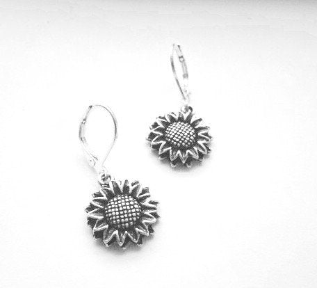 NEW ITEM Mini Sunflower Earrings, Antique Silver