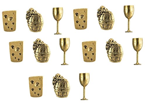 Wine and Cheese Push Pins, Decorative Push Pins, Unique Gold Push Pins, 15 Piece Metal Push Pin Set