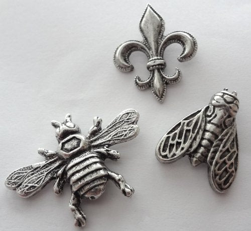 Bee Push Pins & Fleur De Lis Push Pins, Decorative Push Pins, Unique Silver Push Pins, 15 Piece Metal Push Pin Set