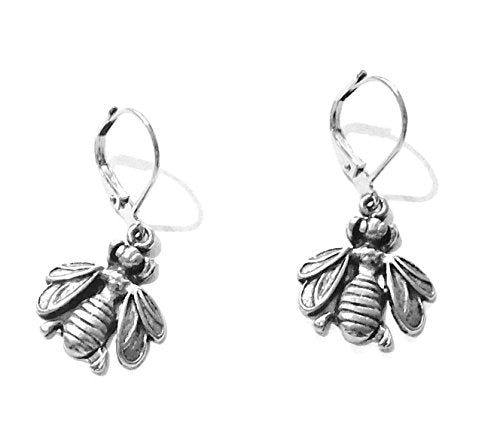 Bumble Bee Earrings, Antique Silver Plated