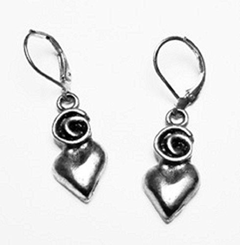 MINI ROSE ON HEART DANGLE EARRING ANTIQUE SILVER